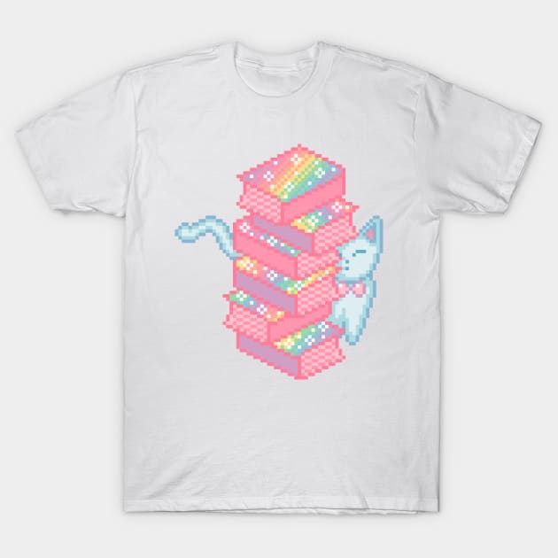 Bookworm Cat Pixel Art T-Shirt by AlleenasPixels